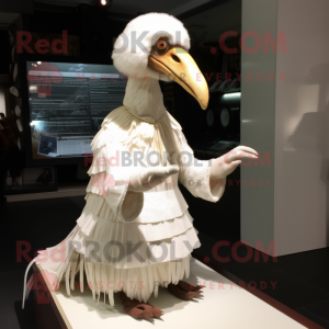 White Dodo Bird mascot costume character dressed with a Pleated Skirt and Shawl pins