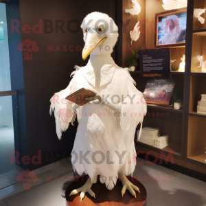 White Dodo Bird mascot costume character dressed with a Pleated Skirt and Shawl pins