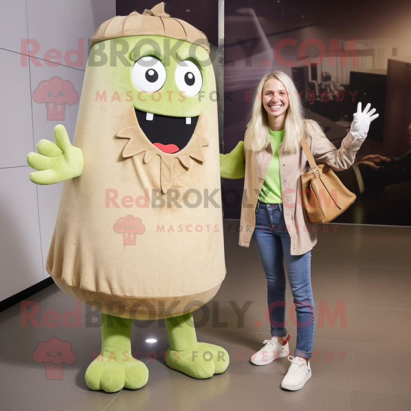 Beige Celery mascot costume character dressed with a Mom Jeans and Handbags Beige Celery mascot costume character dressed with a Mom Jeans and Handbags