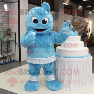 Sky Blue Wedding Cake mascot costume character dressed with a Sweatshirt and Gloves