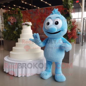 Sky Blue Wedding Cake mascot costume character dressed with a Sweatshirt and Gloves