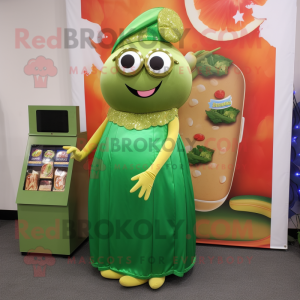 Gold Green Bean mascot costume character dressed with a A-Line Skirt and Coin purses