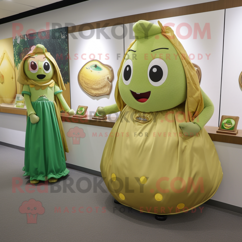 Gold Green Bean mascot costume character dressed with a A-Line Skirt and Coin purses