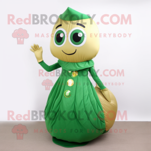 Gold Green Bean mascot costume character dressed with a A-Line Skirt and Coin purses