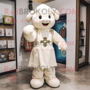 Cream Celtic Cross mascot costume character dressed with a Dungarees and Coin purses