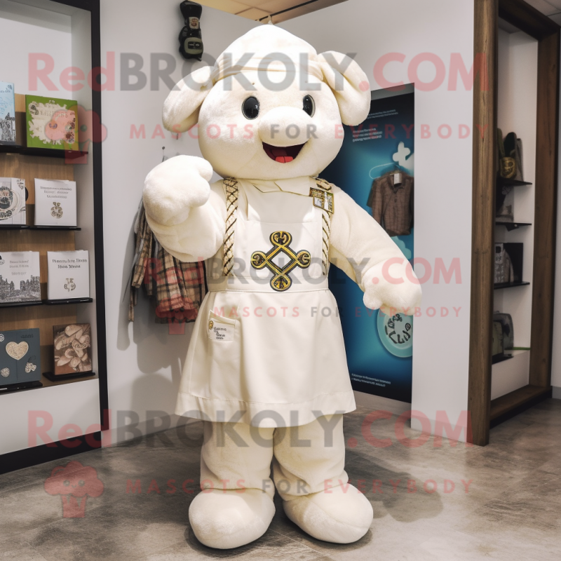 Cream Celtic Cross mascot costume character dressed with a Dungarees and Coin purses Cream Celtic Cross mascot costume character dressed with a Dungarees and Coin purses