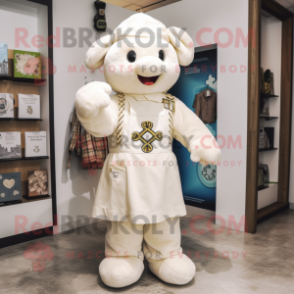 Cream Celtic Cross mascot costume character dressed with a Dungarees and Coin purses