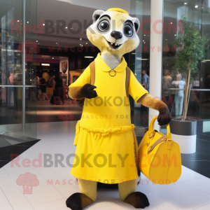 Lemon Yellow Meerkat mascot costume character dressed with a A-Line Dress and Handbags