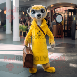 Lemon Yellow Meerkat mascot costume character dressed with a A-Line Dress and Handbags