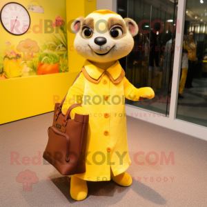 Lemon Yellow Meerkat mascot costume character dressed with a A-Line Dress and Handbags