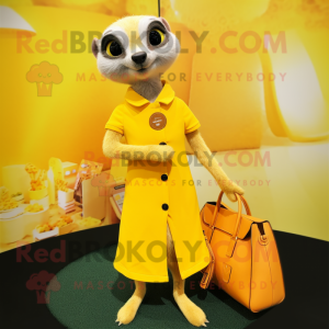 Lemon Yellow Meerkat mascot costume character dressed with a A-Line Dress and Handbags