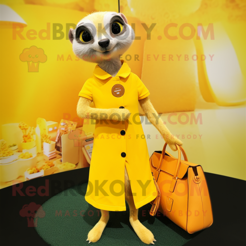 Lemon Yellow Meerkat mascot costume character dressed with a A-Line Dress and Handbags