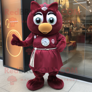 Maroon Wrist Watch mascot costume character dressed with a A-Line Skirt and Brooches