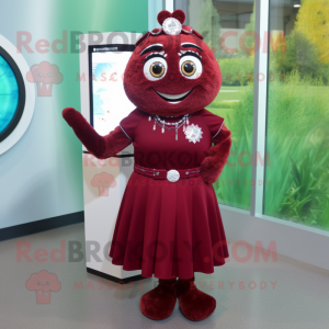 Maroon Wrist Watch mascot costume character dressed with a A-Line Skirt and Brooches