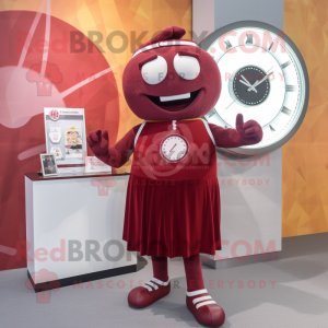 Maroon Wrist Watch mascot costume character dressed with a A-Line Skirt and Brooches