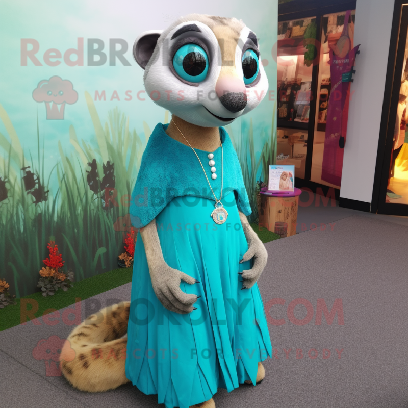 Teal Meerkat mascot costume character dressed with a Maxi Dress and Hairpins