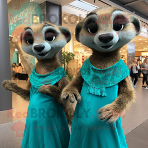 Teal Meerkat mascot costume character dressed with a Maxi Dress and Hairpins