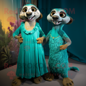 Teal Meerkat mascot costume character dressed with a Maxi Dress and Hairpins