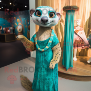 Teal Meerkat mascot costume character dressed with a Maxi Dress and Hairpins