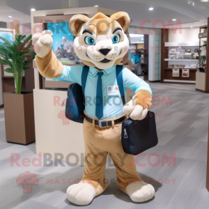 Cyan Mountain Lion mascot costume character dressed with a Dress Shirt and Wallets