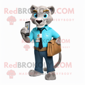 Cyan Mountain Lion mascot costume character dressed with a Dress Shirt and Wallets