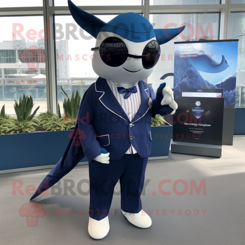 Navy Stingray mascot costume character dressed with a Blazer and Mittens Navy Stingray mascot costume character dressed with a Blazer and Mittens