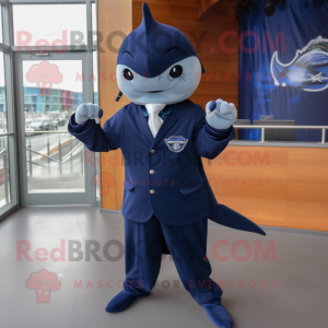 Navy Stingray mascot costume character dressed with a Blazer and Mittens