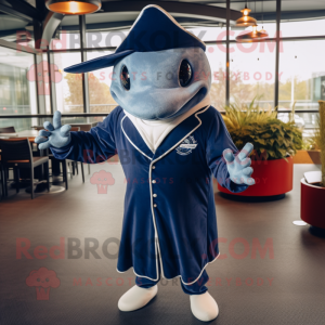 Navy Stingray mascot costume character dressed with a Blazer and Mittens