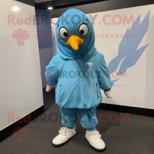 Sky Blue Crow mascot costume character dressed with a Windbreaker and Foot pads