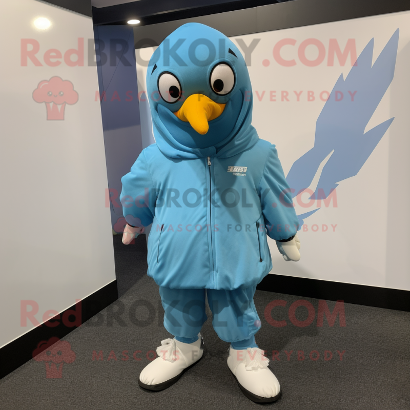 Sky Blue Crow mascot costume character dressed with a Windbreaker and Foot pads Sky Blue Crow mascot costume character dressed with a Windbreaker and Foot pads