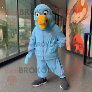 Sky Blue Crow mascot costume character dressed with a Windbreaker and Foot pads