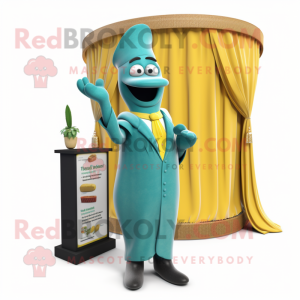 Teal Banana mascot costume character dressed with a Evening Gown and Pocket squares