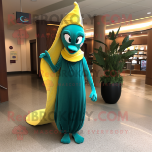 Teal Banana mascot costume character dressed with a Evening Gown and Pocket squares