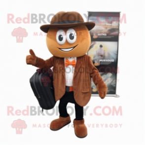 Rust Steak mascot costume character dressed with a Suit Jacket and Backpacks