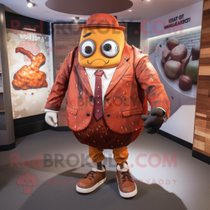 Rust Steak mascot costume character dressed with a Suit Jacket and Backpacks