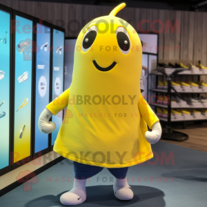 Lemon Yellow Narwhal mascot costume character dressed with a Running Shorts and Cummerbunds