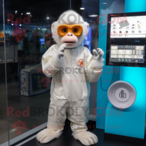 White Monkey mascot costume character dressed with a Raincoat and Digital watches