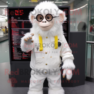 White Monkey mascot costume character dressed with a Raincoat and Digital watches