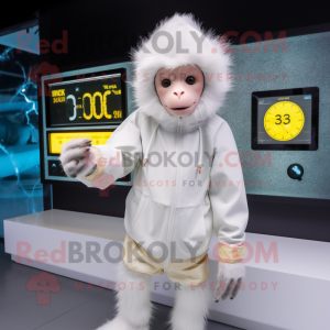 White Monkey mascot costume character dressed with a Raincoat and Digital watches