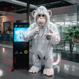 White Monkey mascot costume character dressed with a Raincoat and Digital watches