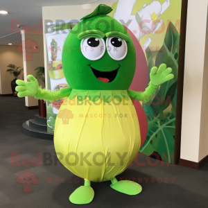 Lime Green Shakshuka mascot costume character dressed with a Empire Waist Dress and Tie pins