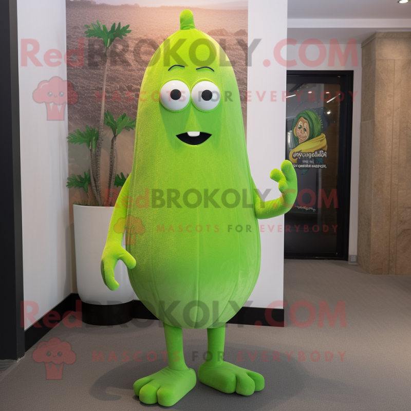 Lime Green Shakshuka mascot costume character dressed with a Empire Waist Dress and Tie pins Lime Green Shakshuka mascot costume character dressed with a Empire Waist Dress and Tie pins