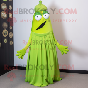 Lime Green Shakshuka mascot costume character dressed with a Empire Waist Dress and Tie pins