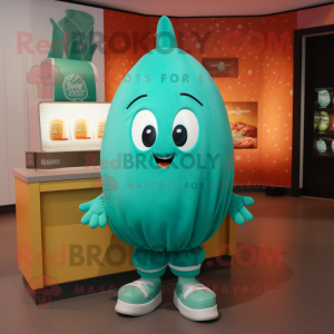 Teal Melon mascot costume character dressed with a Sweatshirt and Necklaces