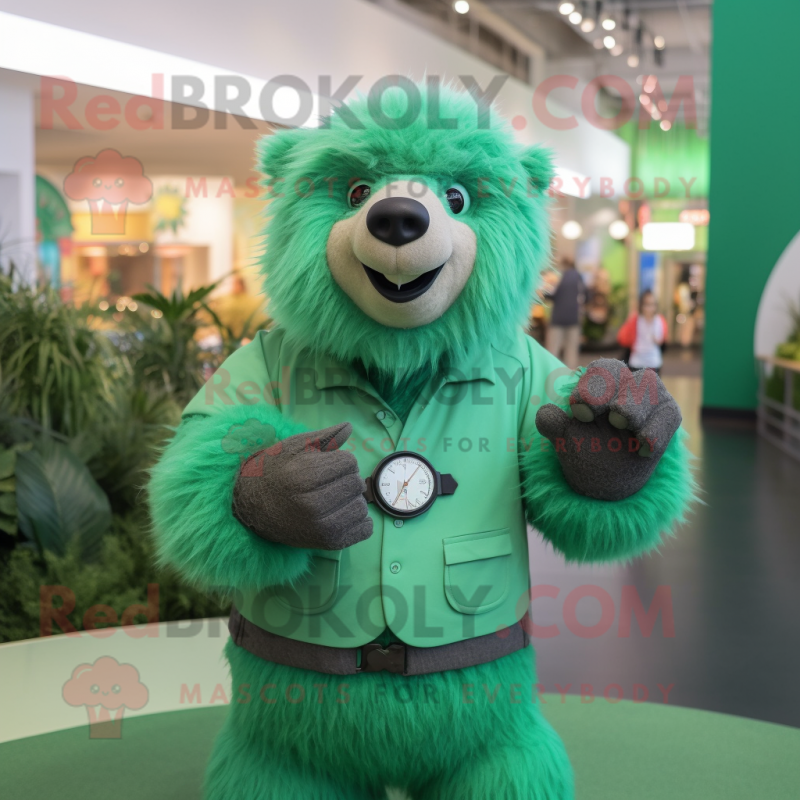 Green Sloth Bear mascot costume character dressed with a Long Sleeve Tee and Bracelet watches