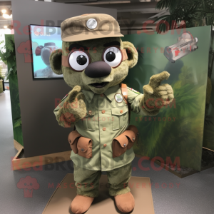Brown Green Beret mascot costume character dressed with a Chambray Shirt and Rings