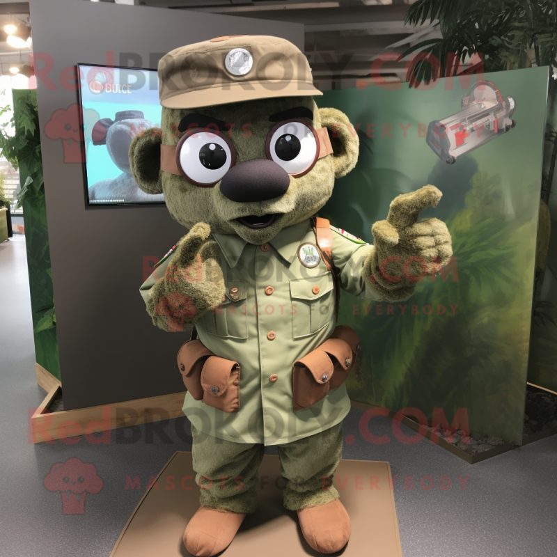 Brown Green Beret mascot costume character dressed with a Chambray Shirt and Rings