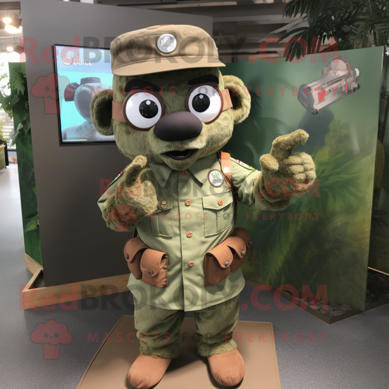 Brown Green Beret mascot costume character dressed with a Chambray Shirt and Rings Brown Green Beret mascot costume character dressed with a Chambray Shirt and Rings