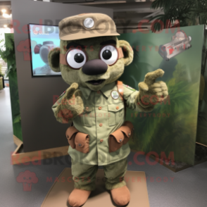 Brown Green Beret mascot costume character dressed with a Chambray Shirt and Rings