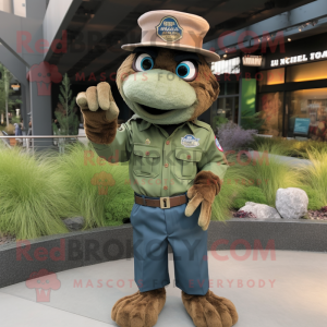 Brown Green Beret mascot costume character dressed with a Chambray Shirt and Rings